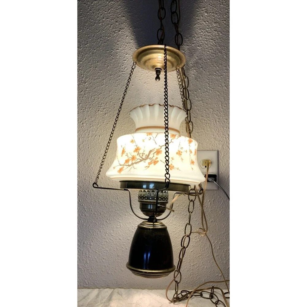 Vintage Hurricane Swag Lamp Floral Milk Glass Country Cottage Portable Hanging